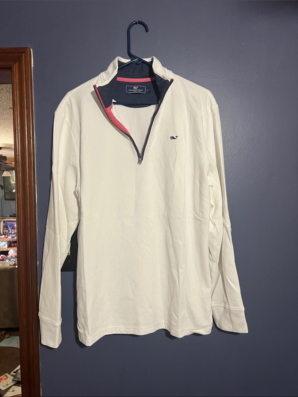 Vineyard Vines Men's Cream Zip-Up Pullover with Navy Trim